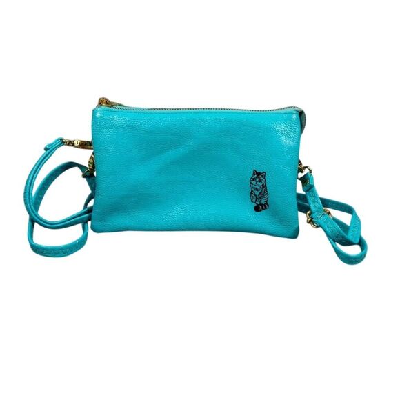 Shara Porter Designs Handbags - Shara Porter Small Aqua Crossbody Bag with Black Cat Print Adjustable Strap